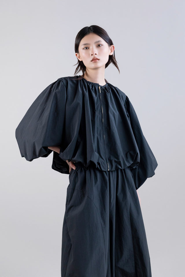 COATS/JACKET Bishop Sleeve Collarless Jacket in Black Psophia