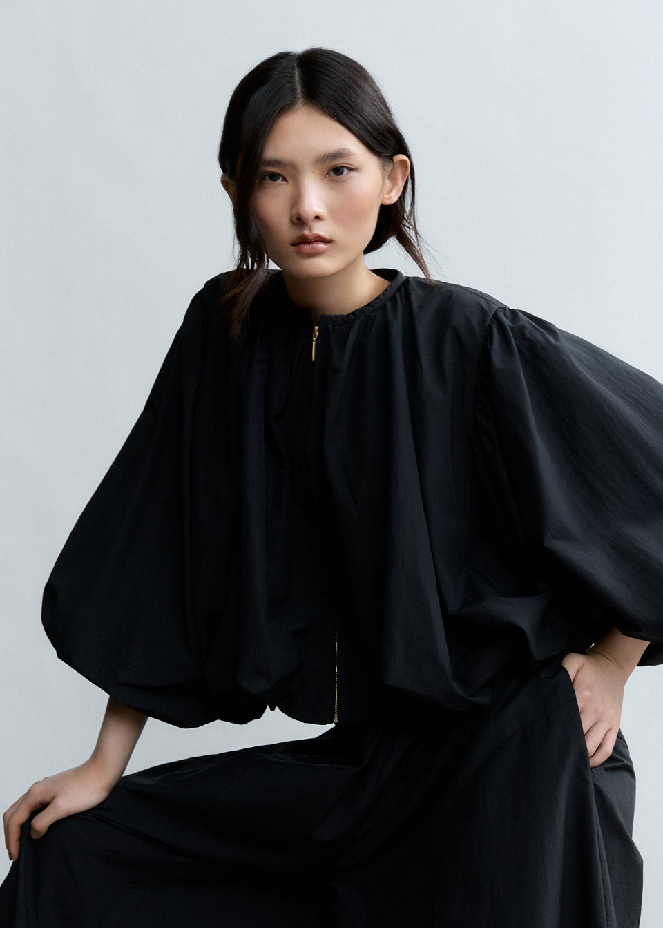 COATS/JACKET Bishop Sleeve Collarless Jacket in Black Psophia