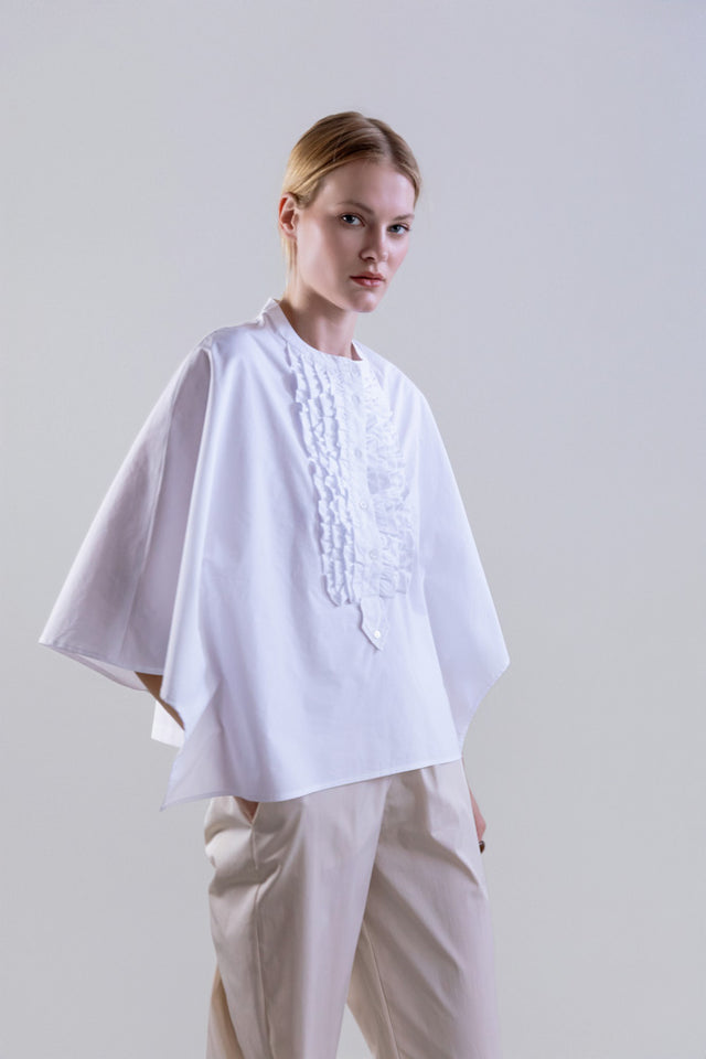 BLOUSES/SHIRTS/TOPS Baroque Ruffle Poplin Shirt in White Psophia