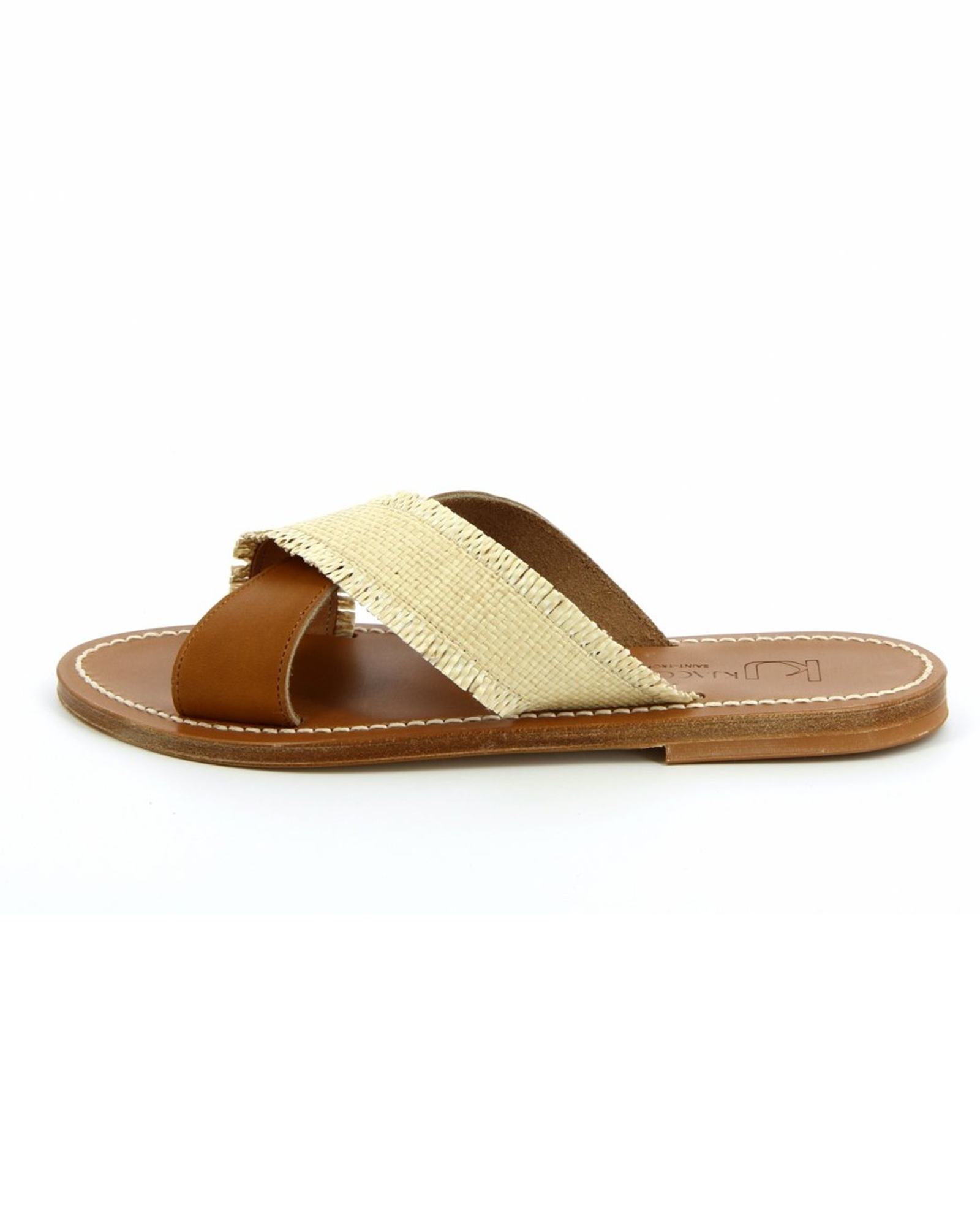 Criss Cross Slide Sandals in Tan and Raffia