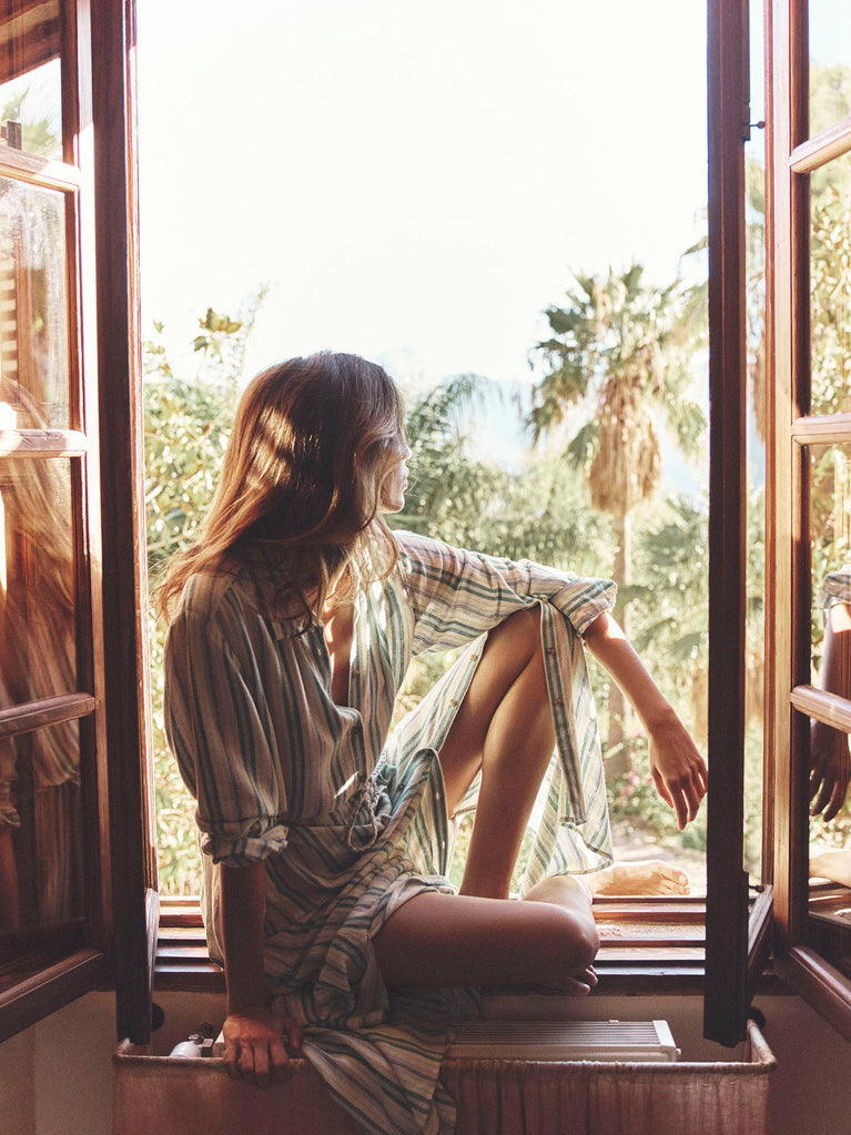 DRESSES/JUMPSUITS Bowen Dress in Blue Moss Stripe Xirena
