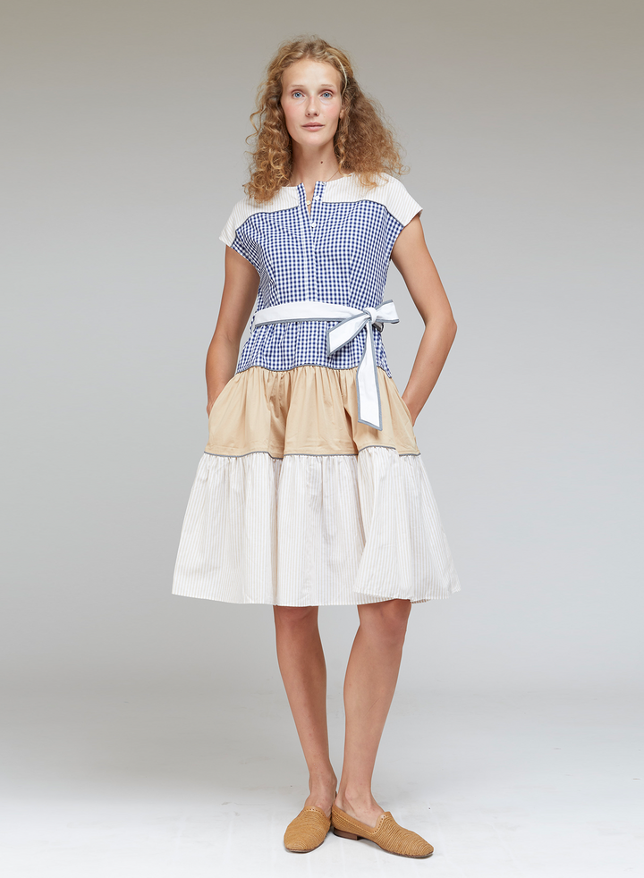 Dresses Love Binetti Elodie Tiered Dress in Blue White and Tan Love Binetti