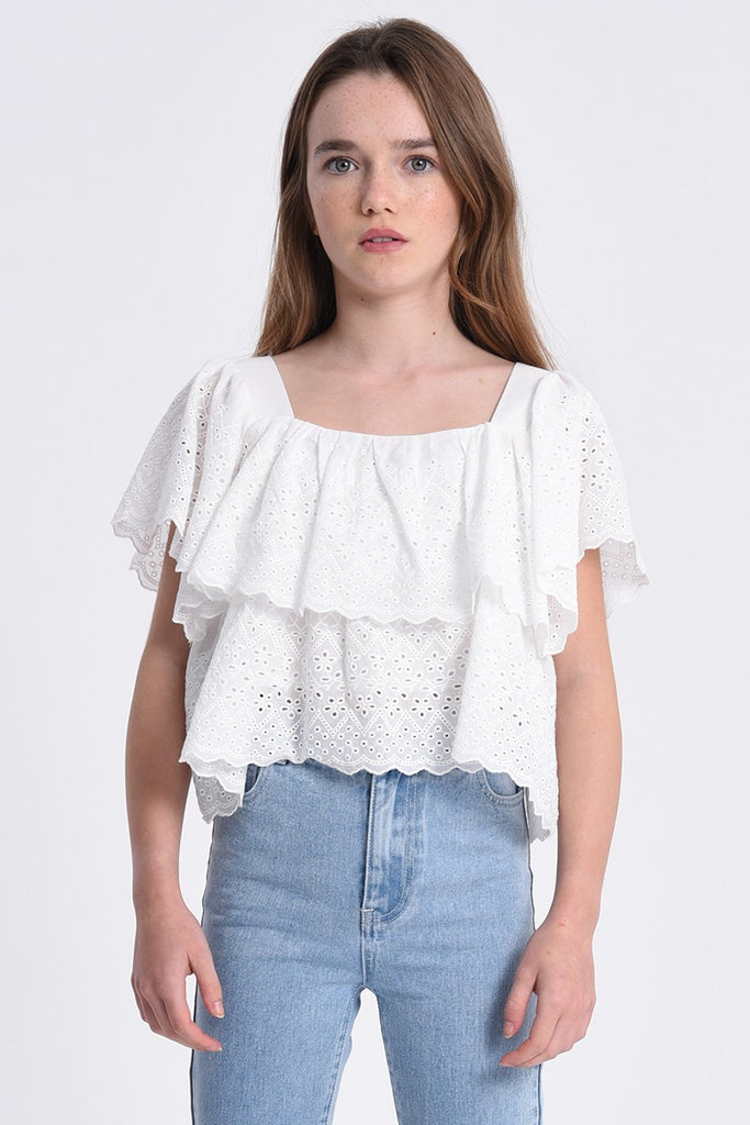 Tops Molly Bracken English Lace Ruffled Top in White Molly Bracken