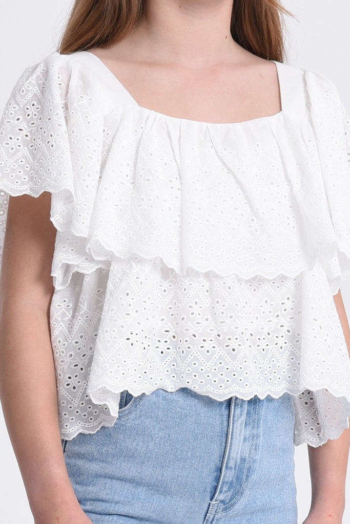 Tops Molly Bracken English Lace Ruffled Top in White Molly Bracken