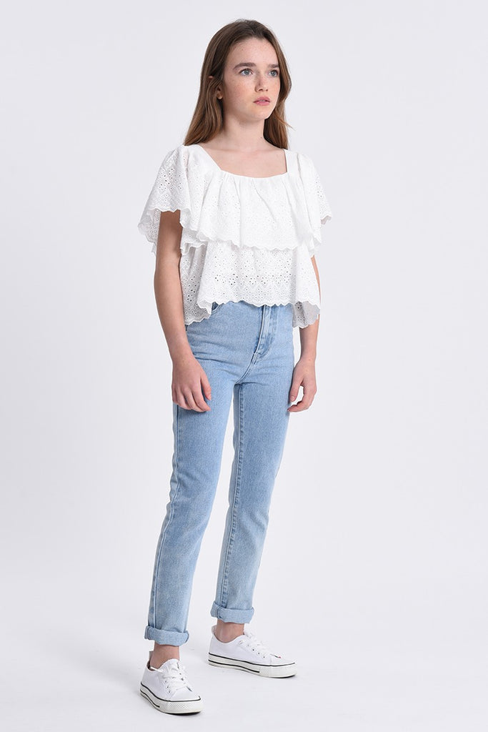 Tops Molly Bracken English Lace Ruffled Top in White Molly Bracken
