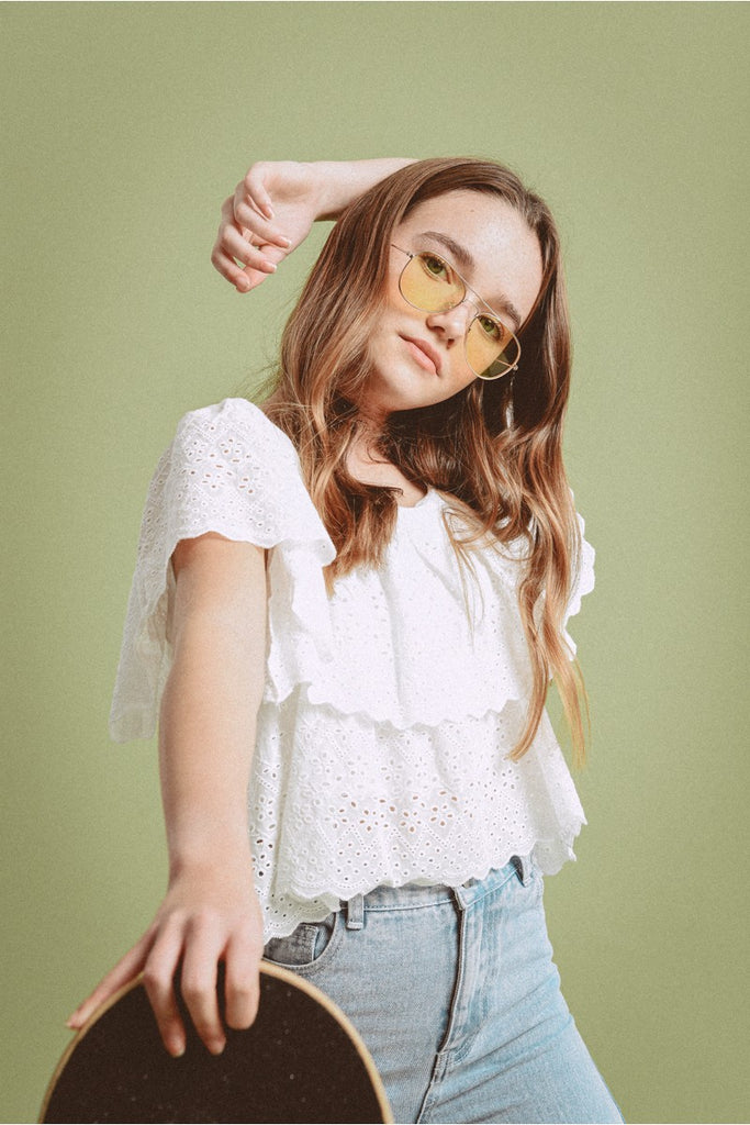 Tops Molly Bracken English Lace Ruffled Top in White Molly Bracken