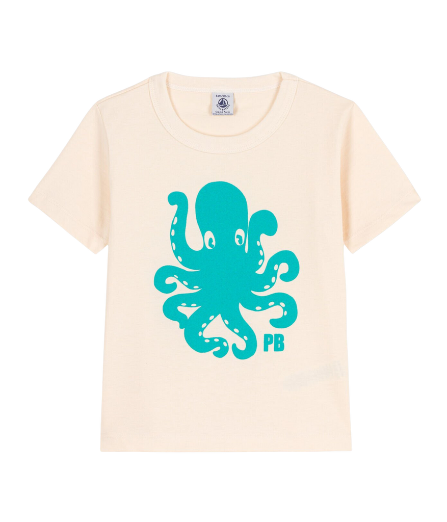 Children's Apparel Petit Bateau Boy Octopus Graphic Tee in Ecru Petit Bateau