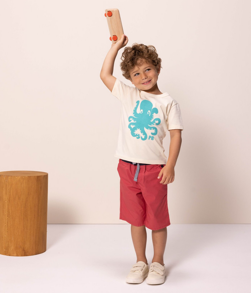 Children's Apparel Petit Bateau Boy Octopus Graphic Tee in Ecru Petit Bateau