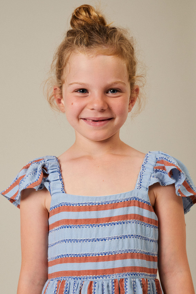 Childrens Apparel My Little Cozmo Ruffle Sleeve Dress in Denim Stripe My Little Cozmo