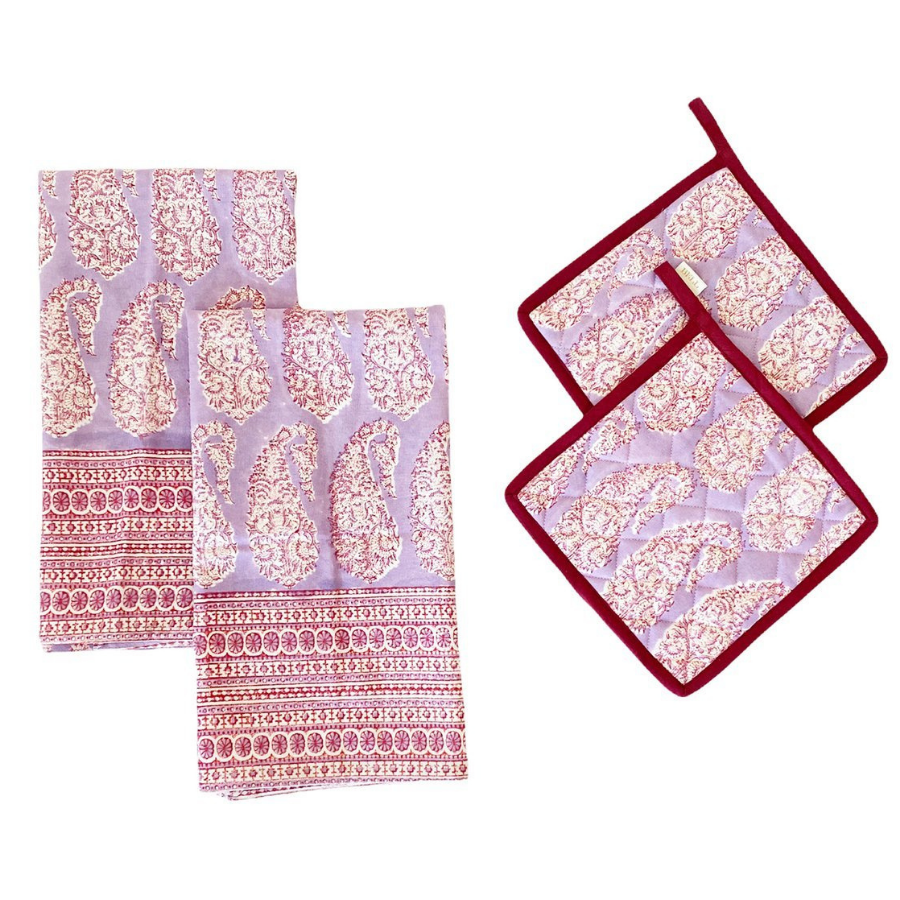 Oven Mitts & Pot Holders Bell Pot Holder and Dish Towel Set in Purple Paisley Bell