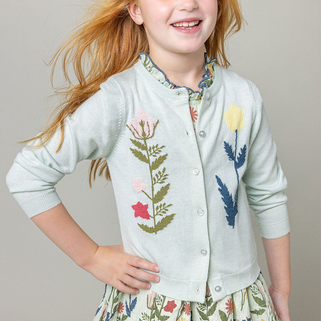 Childrens Apparel Pink Chicken Girls Paper Floral Sweater in Light Aqua Pink Chicken