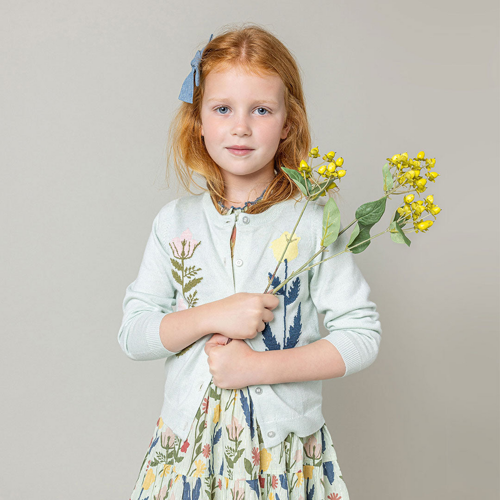 Childrens Apparel Pink Chicken Girls Paper Floral Sweater in Light Aqua Pink Chicken