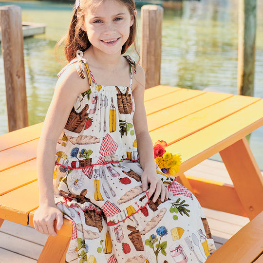 Childrens Apparel Pink Chicken Girls Garden Dress in Parisian Picnic Pink Chicken