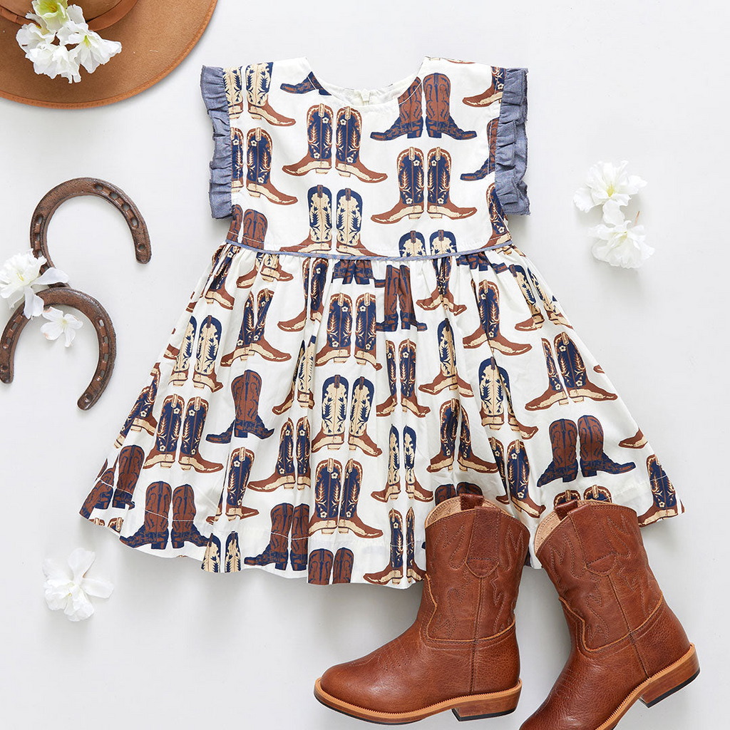 Childrens Apparel Pink Chicken Girls Nell Dress in Cowboy Pink Chicken