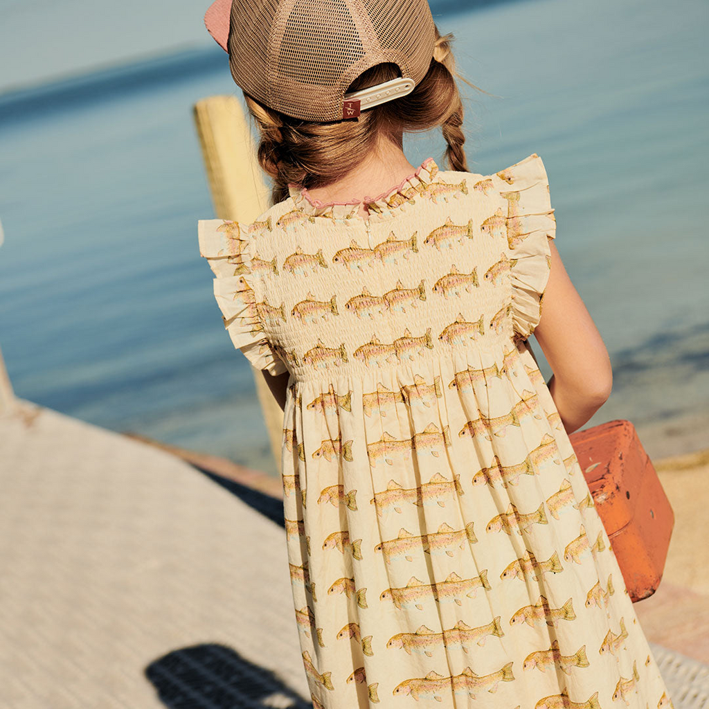 Childrens Apparel Pink Chicken Girls Stevie Dress in Rainbow Trout Pink Chicken