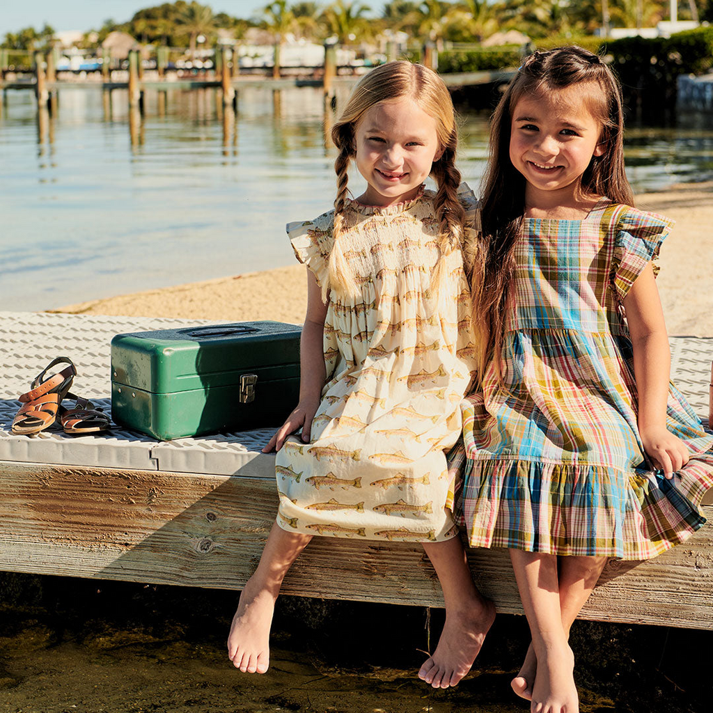 Childrens Apparel Pink Chicken Girls Stevie Dress in Rainbow Trout Pink Chicken