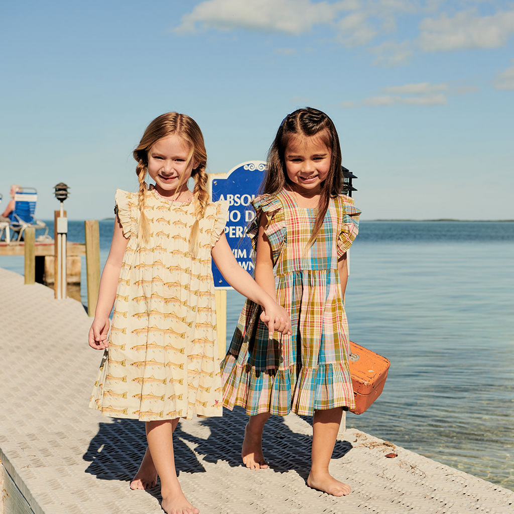 Childrens Apparel Pink Chicken Girls Stevie Dress in Rainbow Trout Pink Chicken