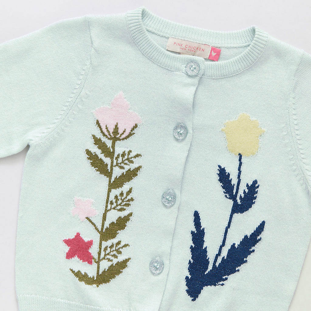 Childrens Apparel Pink Chicken Girls Paper Floral Sweater in Light Aqua Pink Chicken