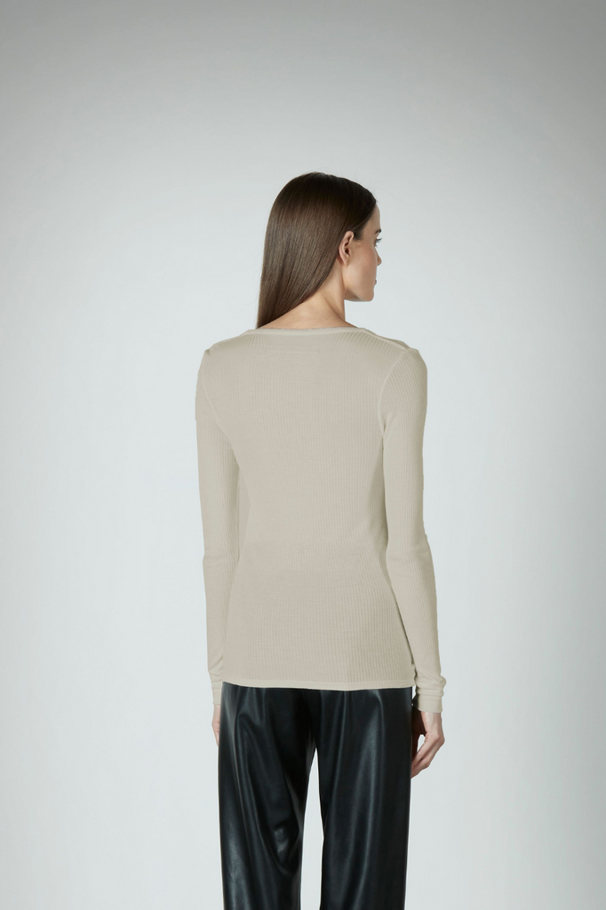Tops Enza Costa Silk Ribbed Henley in Oatmeal Enza Costa